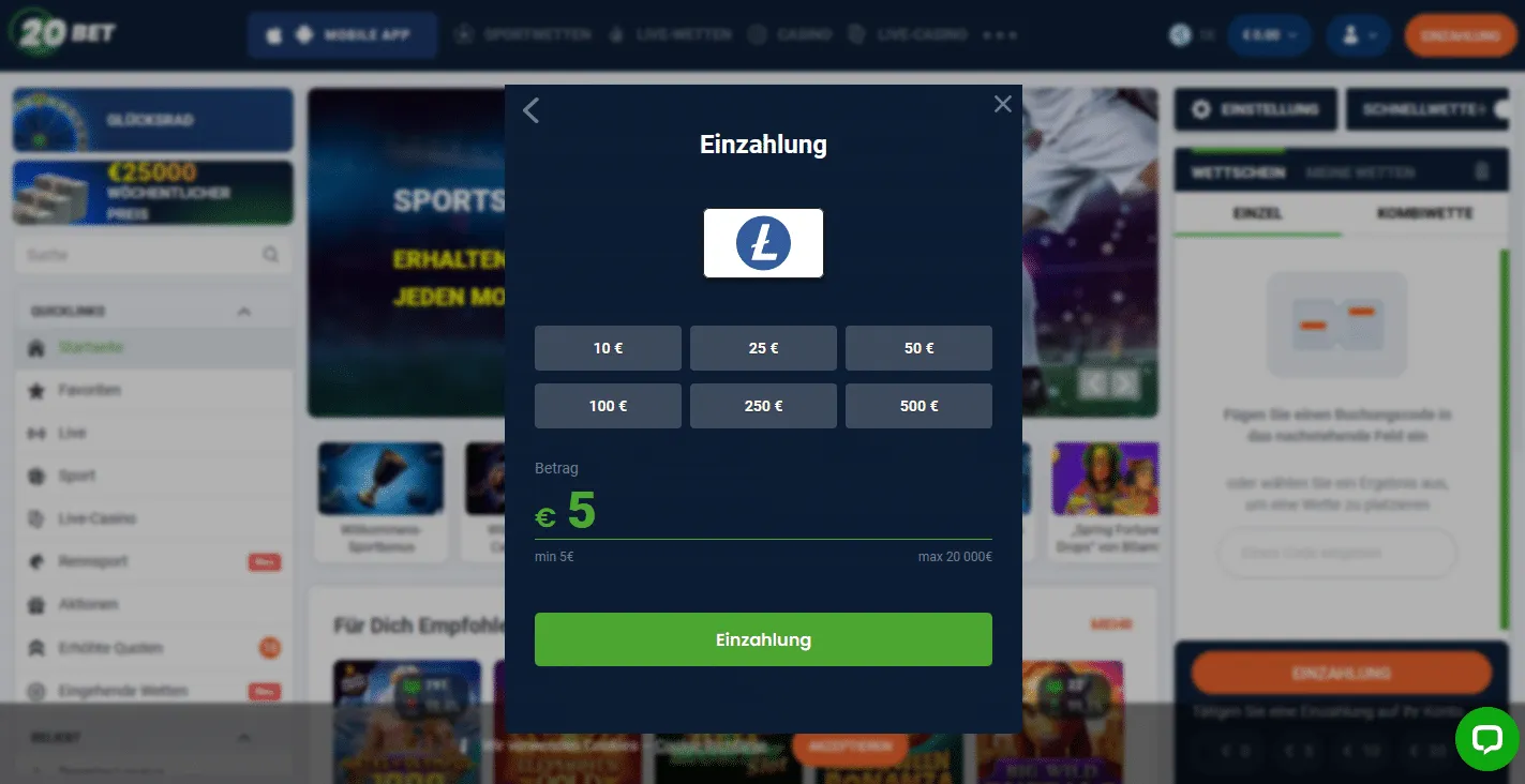 20Bet Casino Einzahlung 5€