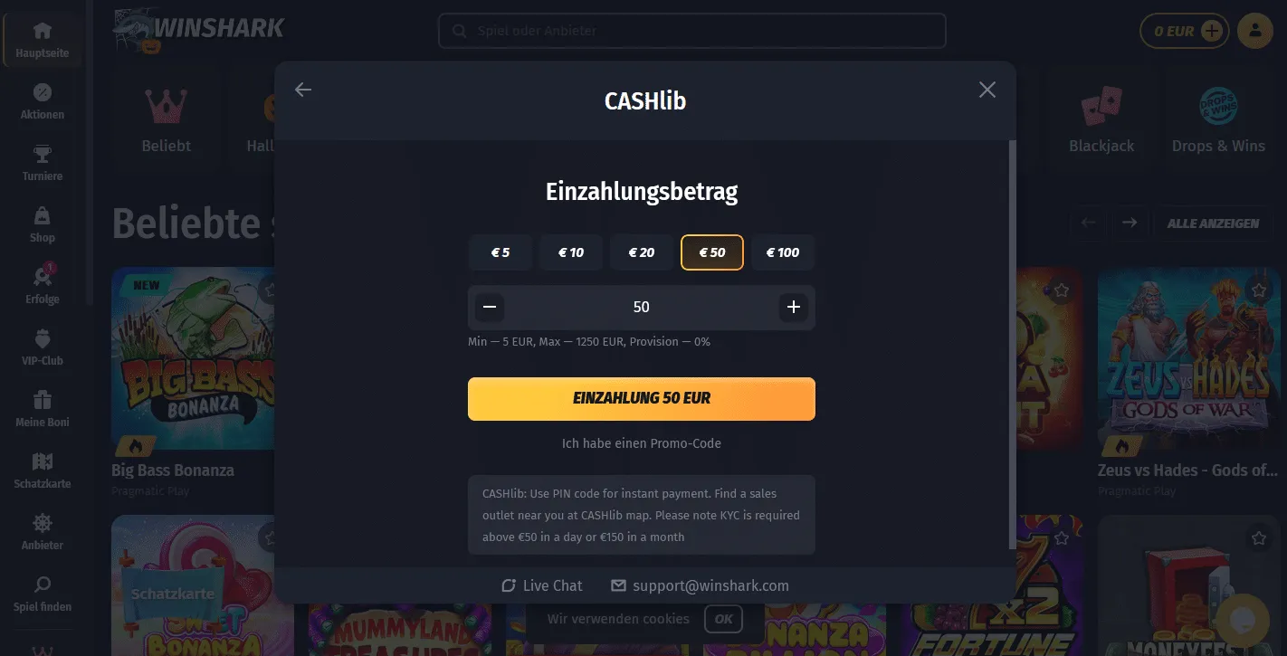 WinShark Casino Einzahlung 5€